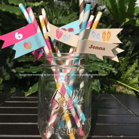 Flip Flop Pool Party Pennant Straws Birthday Paper Beverage Drink Girl Splash Swim Beach Ball Swimming Boogie Bear Invitations Jenna Theme