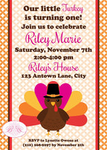 Load image into Gallery viewer, Little Pink Turkey Birthday Party Invitation Girl Gobble Thanksgiving Fall Boogie Bear Invitations Paperless Printable Printed Riley Theme