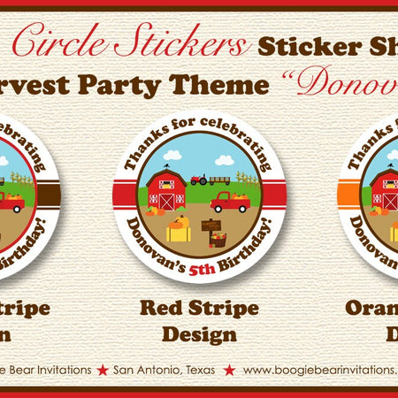 Farm Pumpkin Birthday Party Stickers Circle Sheet Round Harvest Barn Boy Girl Fall Autumn Country Red Boogie Bear Invitations Donovan Theme