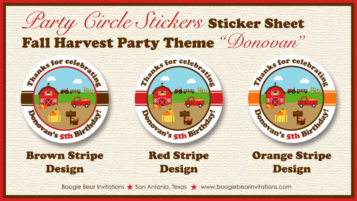 Farm Pumpkin Birthday Party Stickers Circle Sheet Round Harvest Barn Boy Girl Fall Autumn Country Red Boogie Bear Invitations Donovan Theme