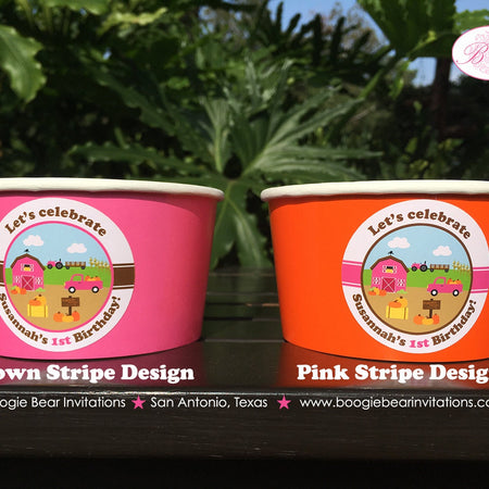 Pink Farm Birthday Party Treat Cups Candy Buffet Paper Pumpkin Barn Country Fall Truck Tractor Autumn Boogie Bear Invitations Susannah Theme