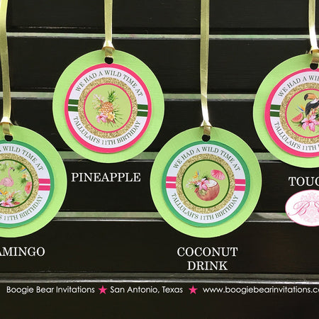 Tropical Paradise Party Favor Tags Birthday Girl Flamingo Toucan Pineapple Pink Gold Green Rainforest Boogie Bear Invitations Tallulah Theme