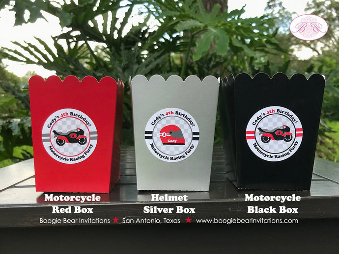 Red Motorcycle Party Popcorn Boxes Mini Food Buffet Birthday Boy Racing Black Enduro Motocross Racing Tag Boogie Bear Invitations Cody Theme