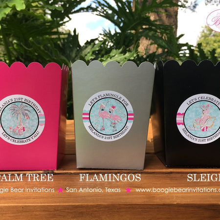 Pink Flamingo Party Popcorn Boxes Mini Food Buffet Birthday Girl Holiday Christmas Aqua Santa Tropical Boogie Bear Invitations Melania Theme