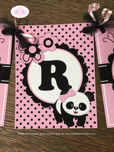 Pink Panda Bear Happy Birthday Banner Party White Black Polka Dot Girl Butterfly Tropical Wild Jungle Boogie Bear Invitations Robina Theme