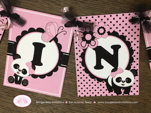 Pink Panda Bear Birthday Party Banner Name Black White Black Polka Dot Wild Zoo Flower Garden Girl Boogie Bear Invitations Robina Theme