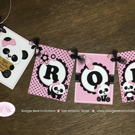 Pink Panda Bear Birthday Party Banner Name Black White Black Polka Dot Wild Zoo Flower Garden Girl Boogie Bear Invitations Robina Theme