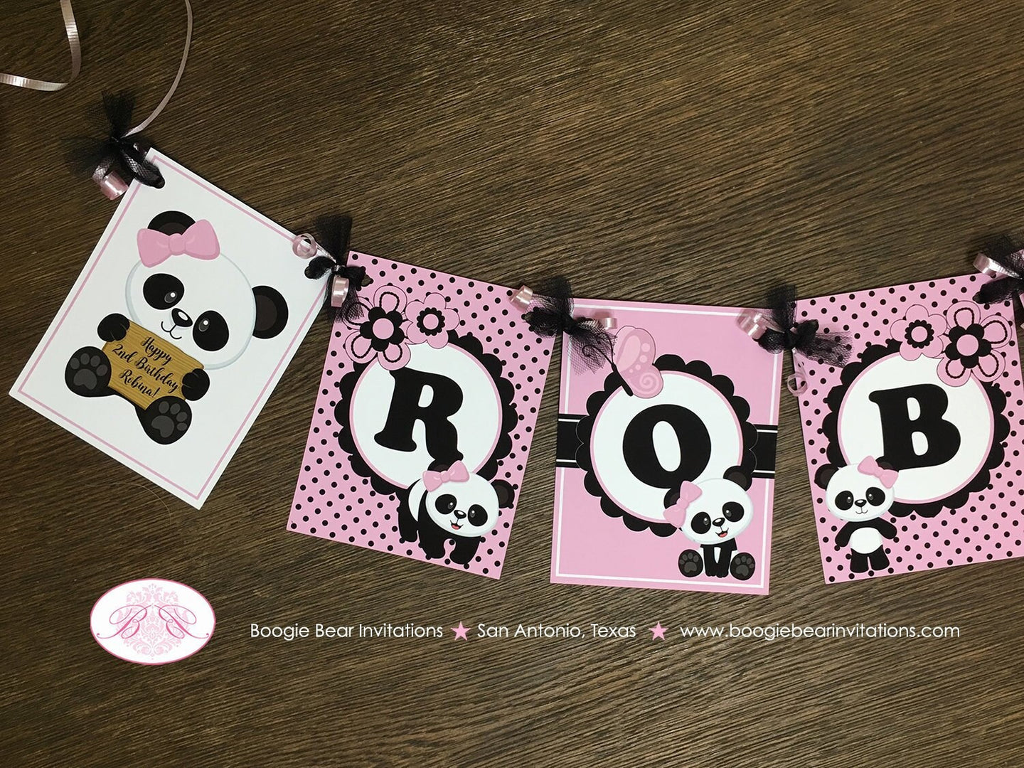 Pink Panda Bear Birthday Party Banner Name Black White Black Polka Dot Wild Zoo Flower Garden Girl Boogie Bear Invitations Robina Theme
