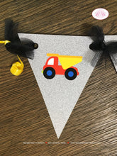 Load image into Gallery viewer, Construction Vehicles Birthday Party Banner Pennant Garland Small Yellow Black Caution Zone Sign Crane Boogie Bear Invitations Russell Theme