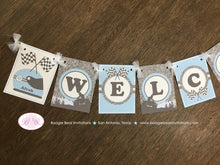 Load image into Gallery viewer, Blue ATV Baby Shower Party Banner Party Grey Gray Silver Glitter Boy Checkered Flag Race Stripe Quad 1st Boogie Bear Invitations Alvah Theme