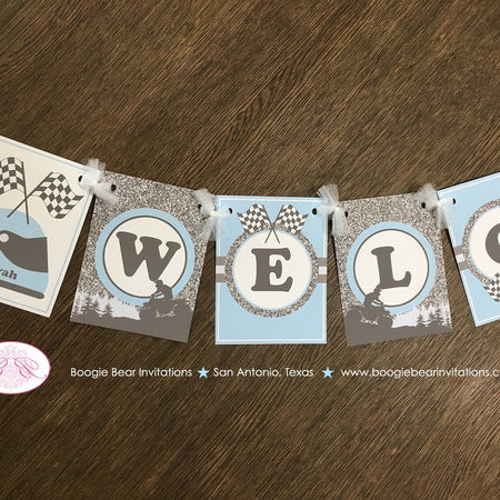 Blue ATV Baby Shower Party Banner Party Grey Gray Silver Glitter Boy Checkered Flag Race Stripe Quad 1st Boogie Bear Invitations Alvah Theme