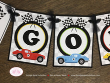 Load image into Gallery viewer, Race Car Name Birthday Party Banner Racing Classic Girl Boy Retro Coupe Fastback Antique Vintage Black Boogie Bear Invitations Gordon Theme