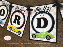 Load image into Gallery viewer, Race Car Name Birthday Party Banner Racing Classic Girl Boy Retro Coupe Fastback Antique Vintage Black Boogie Bear Invitations Gordon Theme