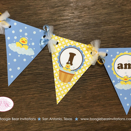 Yellow Rubber Duck Pennant I am 1 Banner Birthday Party Highchair Blue Little Duckie Ducky Boy Swim 1st Boogie Bear Invitations Terry Theme