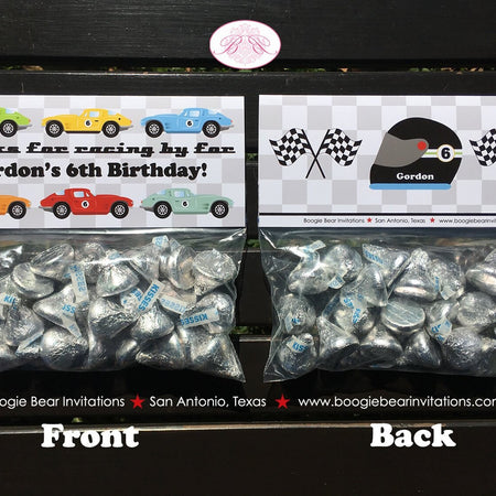 Race Car Birthday Party Treat Bag Toppers Folded Favor Label Black Classic Boy Girl Retro Fastback Club Boogie Bear Invitations Gordon Theme