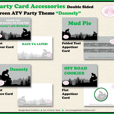 ATV Birthday Party Favor Card Tent Appetizer Place Green Black Grey All Terrain Vehicle Quad 4 Wheeler Boogie Bear Invitations Dannely Theme