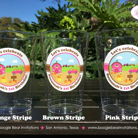 Pink Farm Birthday Party Beverage Cups Plastic Drink Girl Pumpkin Barn Fall Autumn Country Tractor Boogie Bear Invitations Susannah Theme