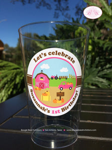 Pink Farm Birthday Party Beverage Cups Plastic Drink Girl Pumpkin Barn Fall Autumn Country Tractor Boogie Bear Invitations Susannah Theme