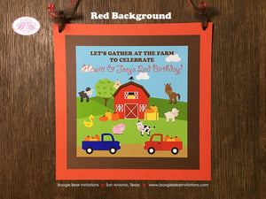 Fall Farm Animals Birthday Door Banner Pumpkin Girl Boy Barn Truck Red Blue Orange Horse Cow Pig Sheep Boogie Bear Invitations Hewitt Theme