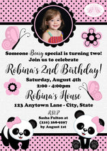 Load image into Gallery viewer, Pink Panda Bear Birthday Party Invitation Photo Girl Butterfly Wild Zoo Dot Boogie Bear Invitations Robina Theme Paperless Printable Printed