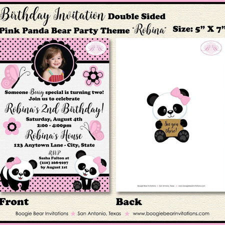 Pink Panda Bear Birthday Party Invitation Photo Girl Butterfly Wild Zoo Dot Boogie Bear Invitations Robina Theme Paperless Printable Printed
