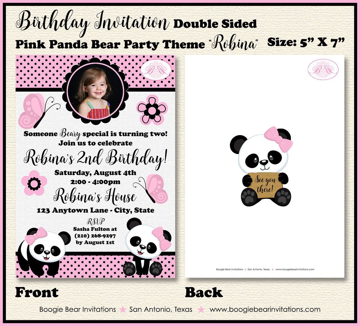 Pink Panda Bear Birthday Party Invitation Photo Girl Butterfly Wild Zoo Dot Boogie Bear Invitations Robina Theme Paperless Printable Printed