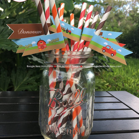 Red Farm Birthday Party Pennant Straws Paper Beverage Drink Pumpkin Barn Girl Boy Harvest Tractor Kids Boogie Bear Invitations Donovan Theme