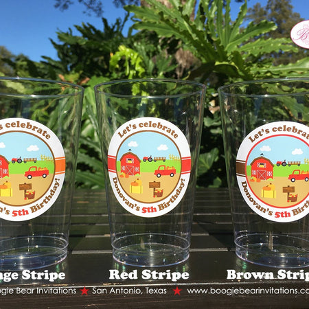 Red Farm Birthday Party Beverage Cups Plastic Drink Boy Girl Pumpkin Barn Fall Autumn Country Truck Boogie Bear Invitations Donovan Theme
