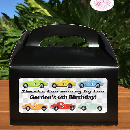 Race Car Birthday Party Treat Boxes Favor Tags Black Classic Boy Girl Retro Coupe Fastback Classic Club Boogie Bear Invitations Gordon Theme