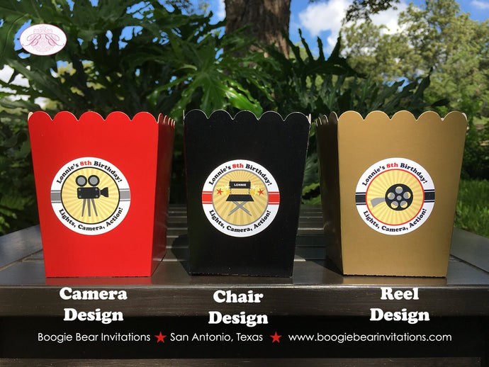 Movie Theater Party Popcorn Boxes Mini Food Birthday Red Gold Black Motion Picture Actor Director Chair Boogie Bear Invitations Lonnie Theme