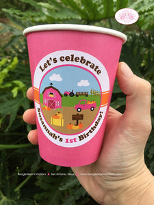 Pink Farm Birthday Party Beverage Cups Paper Drink Girl Pumpkin Barn Fall Autumn Country Thanksgiving Boogie Bear Invitations Susannah Theme