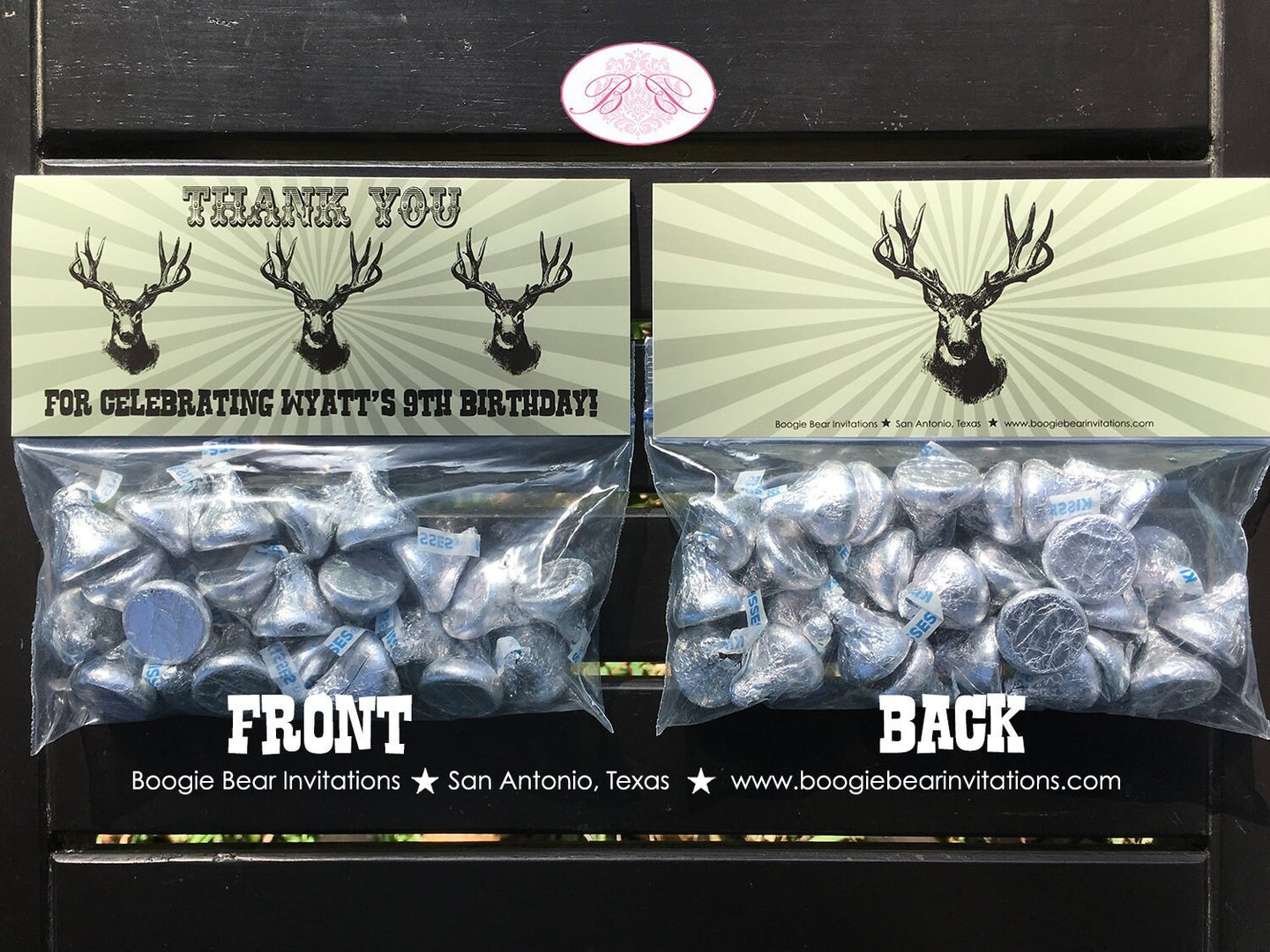 Deer Hunting Birthday Party Treat Bag Toppers Folded Favor Label Hunting Bust Wild Head Camo Antlers Boy Boogie Bear Invitations Wyatt Theme