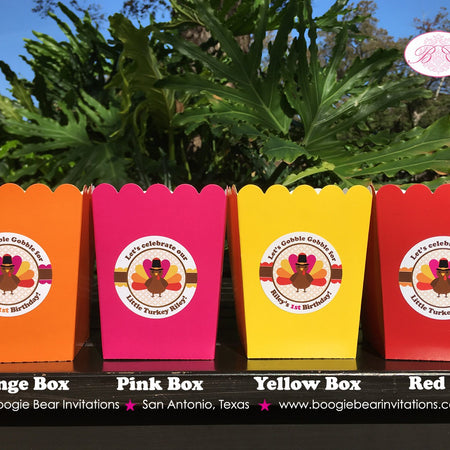 Little Pink Turkey Party Popcorn Boxes Mini Favor Food Birthday Girl Thanksgiving Farm Barn Country Fall Boogie Bear Invitations Riley Theme
