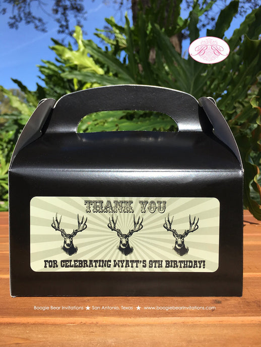 Deer Hunting Birthday Party Treat Boxes Favor Gift Hunting Boy Girl Green Antlers Bust Trophy Camping Boogie Bear Invitations Wyatt Theme