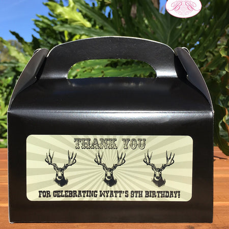 Deer Hunting Birthday Party Treat Boxes Favor Gift Hunting Boy Girl Green Antlers Bust Trophy Camping Boogie Bear Invitations Wyatt Theme