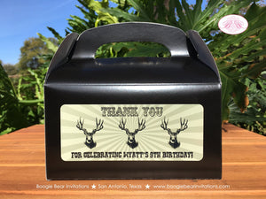 Deer Hunting Birthday Party Treat Boxes Favor Gift Hunting Boy Girl Green Antlers Bust Trophy Camping Boogie Bear Invitations Wyatt Theme