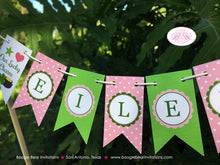Load image into Gallery viewer, Lucky Charm Party Pennant Cake Banner Topper Pink Green Girl Polka Dot Green St. Patrick&#39;s Day Shamrock Boogie Bear Invitations Eileen Theme