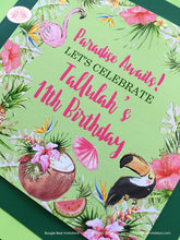 Load image into Gallery viewer, Tropical Paradise Party Door Banner Birthday Flamingo Toucan Coconut Pineapple Pink Gold Green Hawaii Boogie Bear Invitations Tallulah Theme