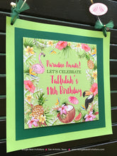 Load image into Gallery viewer, Tropical Paradise Party Door Banner Birthday Flamingo Toucan Coconut Pineapple Pink Gold Green Hawaii Boogie Bear Invitations Tallulah Theme