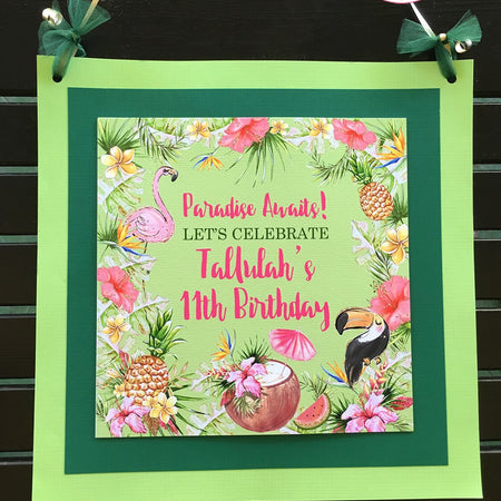 Tropical Paradise Party Door Banner Birthday Flamingo Toucan Coconut Pineapple Pink Gold Green Hawaii Boogie Bear Invitations Tallulah Theme