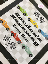 Load image into Gallery viewer, Race Car Birthday Party Door Banner Driver Red Black Blue Green Girl Boy Checkered Flag Coupe Fastback Boogie Bear Invitations Gordon Theme