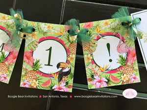 Tropical Paradise I am 1 Highchair Banner Birthday Party Flamingo Toucan Pink Gold Green 1st 2nd 11th Boogie Bear Invitations Tallulah Theme