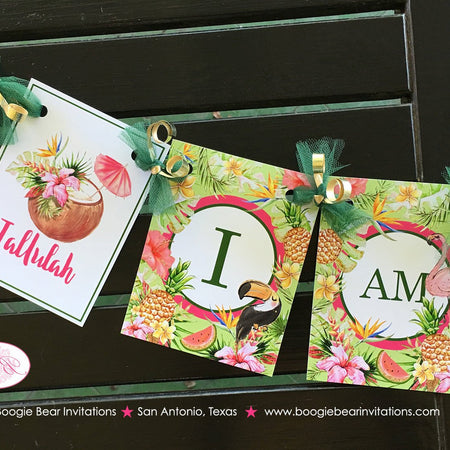Tropical Paradise I am 1 Highchair Banner Birthday Party Flamingo Toucan Pink Gold Green 1st 2nd 11th Boogie Bear Invitations Tallulah Theme