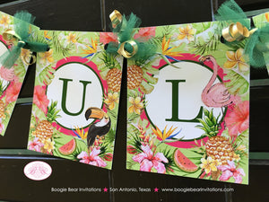 Tropical Paradise Birthday Banner Small Birthday Party Flamingo Toucan Pink Gold Green 1st 2nd 11th Boogie Bear Invitations Tallulah Theme