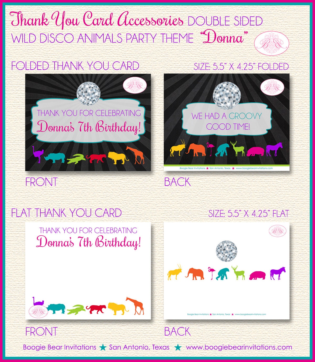 Disco Wild Animals Thank You Card Birthday Party Elephant Giraffe Zoo Retro Dance Pink  Boy Girl Boogie Bear Invitations Donna Theme Printed