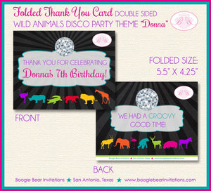 Disco Wild Animals Thank You Card Birthday Party Elephant Giraffe Zoo Retro Dance Pink  Boy Girl Boogie Bear Invitations Donna Theme Printed
