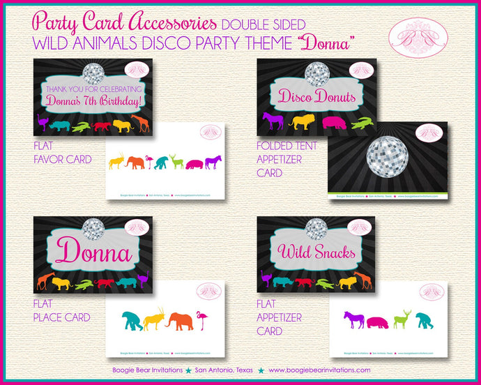 Disco Wild Animals Birthday Party Favor Card Appetizer Food Tent Place Tag Dance Zoo Flamingo Boogie Bear Invitations Donna Theme Printed