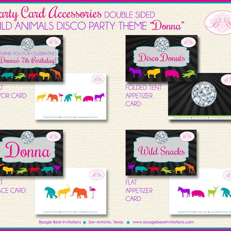 Disco Wild Animals Birthday Party Favor Card Appetizer Food Tent Place Tag Dance Zoo Flamingo Boogie Bear Invitations Donna Theme Printed