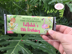 Tropical Paradise Birthday Party Candy Bar Wraps Wrappers Sticker Flamingo Pineapple Pink Gold Green Boogie Bear Invitations Tallulah Theme