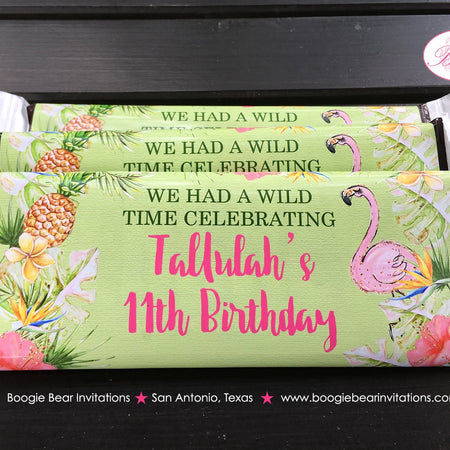 Tropical Paradise Birthday Party Candy Bar Wraps Wrappers Sticker Flamingo Pineapple Pink Gold Green Boogie Bear Invitations Tallulah Theme